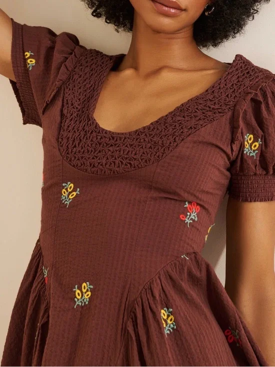 Free People Maisie Midi Brown Floral Embroidered Dress Small Boho Cottage Core - Picture 4 of 11